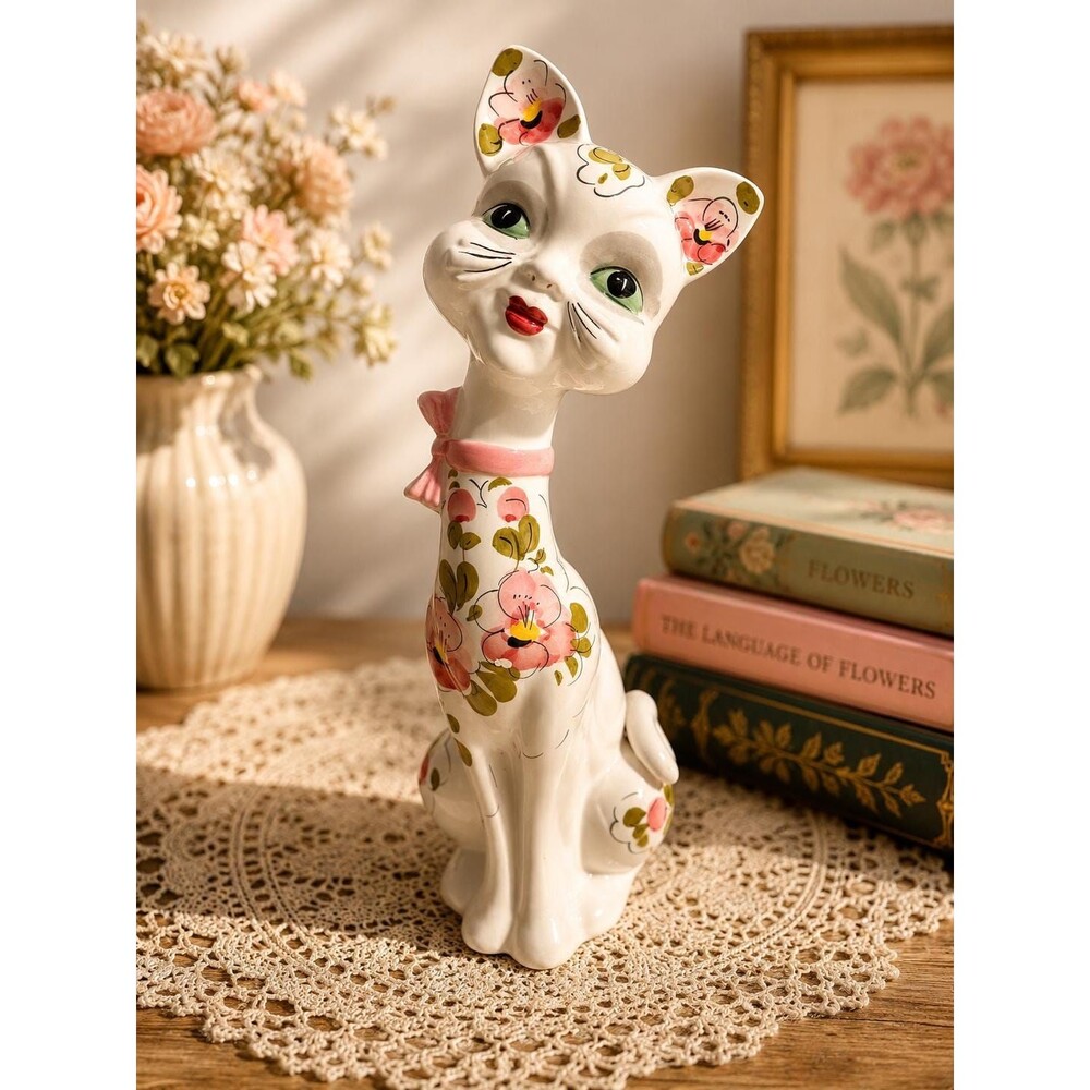 Vvintage Mmid-Century Italian Ceramic Long-Neck Anthropomorphic Cat Figurine